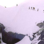 group of skiers on a ski holiday in the backcountry of zermatt