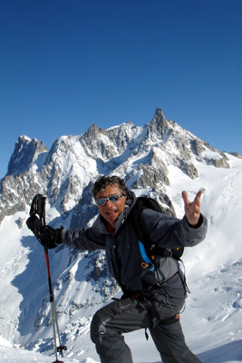 Skiman lovin' life in Courmie! Mt. Blan, the tallest mountain in Europe, is the backdrop.
