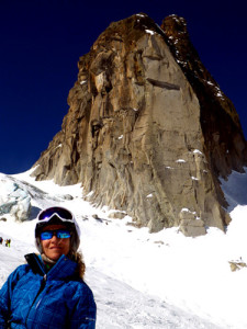Deb on her first time on the Mirror d ' Glace, the glacier run from Italy to France. Any strong intermediate skier can do this!