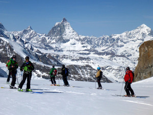 The Matterhorn in Swtizerland is just around the corner from Champoluc. Some of our skiers marvel at the view three years ago. 